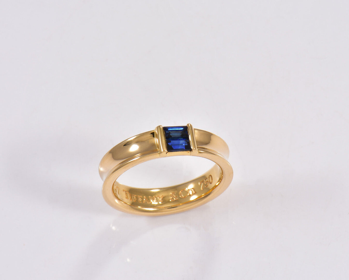 Tiffany & Co 18k Yellow Gold Blue Sapphire Baguette Wide Stack Ring & Pouch Rare