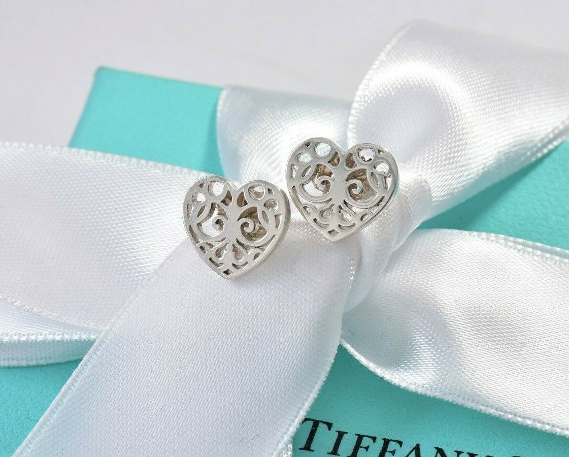 Tiffany & Co Sterling Silver Enchant Scroll Heart Earrings and Pouch Stud Lovely