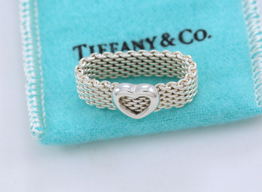 Tiffany & Co Sterling Silver Heart Mesh Love Ring Size 12 and Pouch Rare Lovely