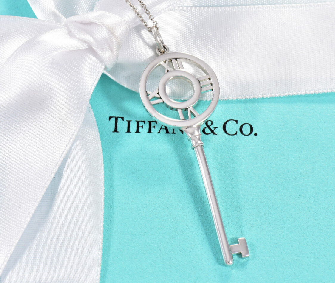 Tiffany & Co Silver 2.25" Atlas Charm Key Pendant 30.25" Necklace in Pouch XL