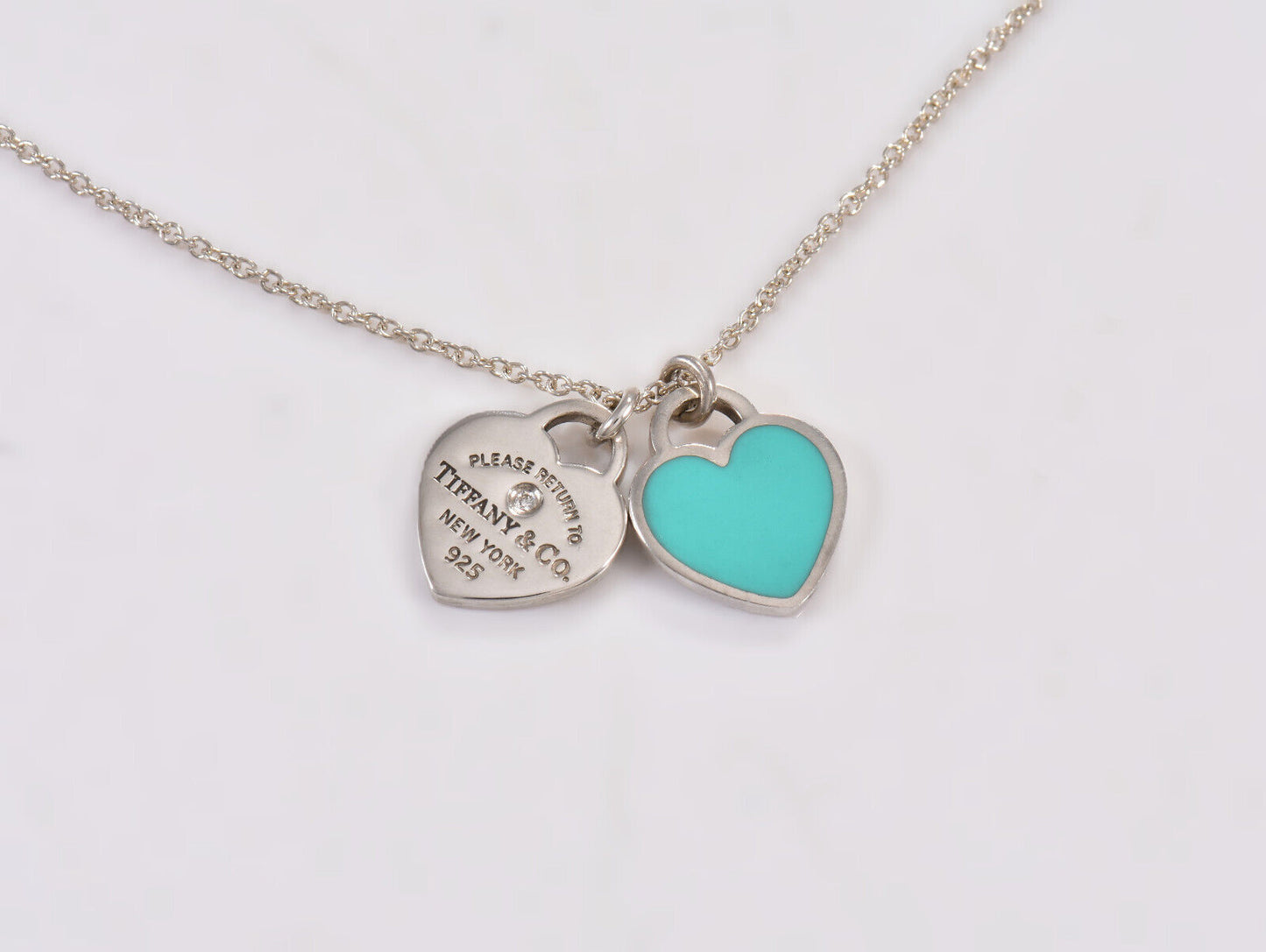 Return Tiffany & Co Diamond Silver Mini Double Heart Blue Enamel Necklace in Box