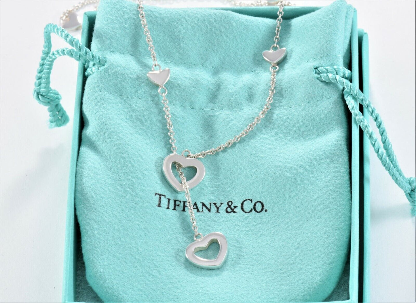 Tiffany & Co Silver Heart Lariat Drop Dangle Necklace in Box Pouch Rare Dangling