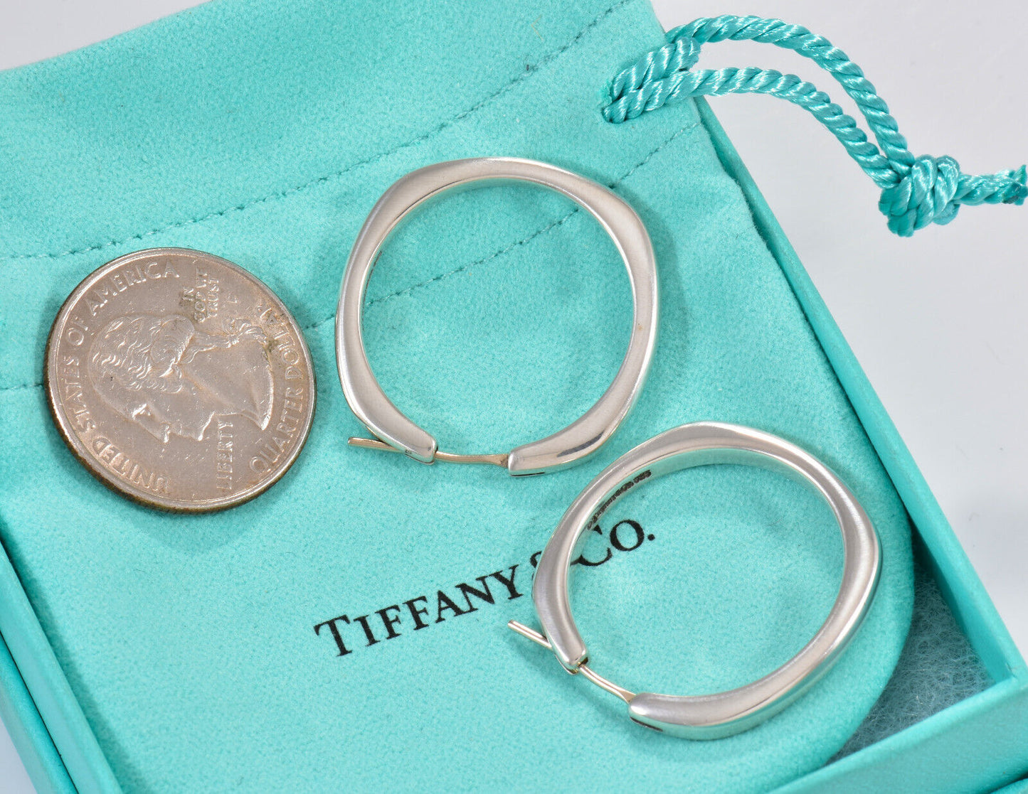 Tiffany & Co Silver Large 29mm Square Cushion Hoop Earrings in Box Pouch Ribbon