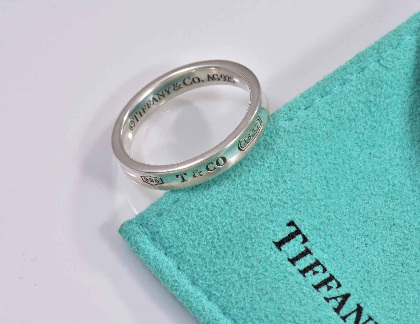 Tiffany & Co Silver 1837 Narrow Band Stack Ring Size 9.5 in Pouch Unisex Mens