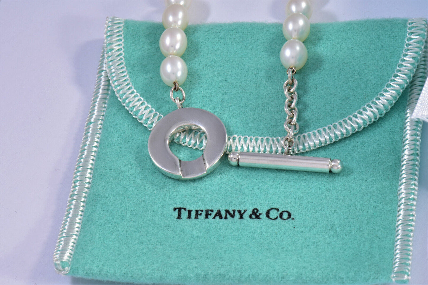 Tiffany & Co Silver Pearl 8mm Bead Toggle Bracelet 7.5" Large in Box Pouch Rare