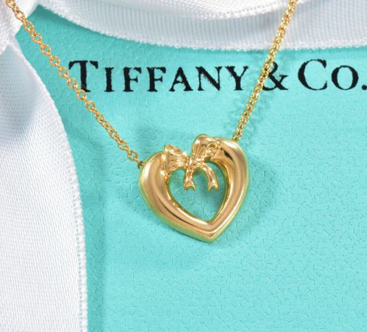 Vintage Quality Tiffany & Co 18K Gold Heart Bow 16.5" Necklace in Box Pouch Rare