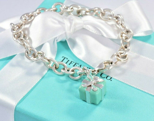 Tiffany & Co Sterling Silver Blue Enamel Gift Box Bracelet in Pouch Rare Present