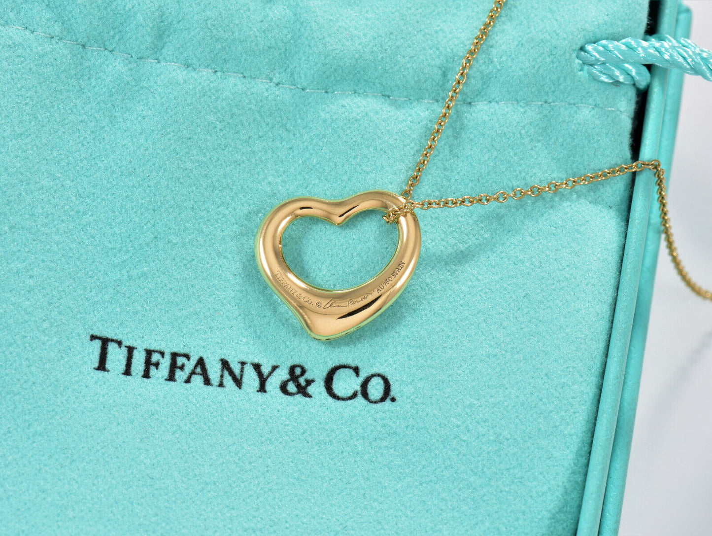 Tiffany & Co Diamond 18K Gold Elsa Peretti Open Heart Pendant 19.25" Necklace