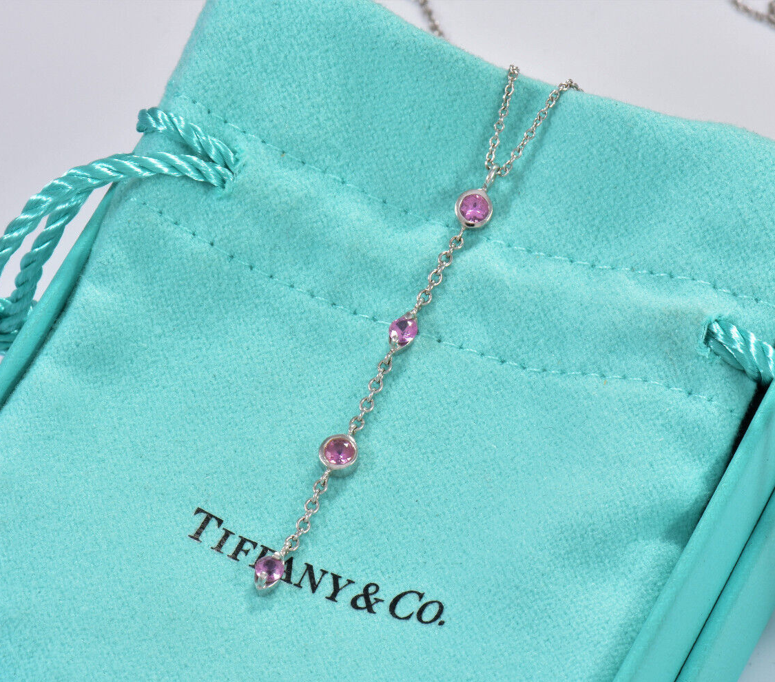 Tiffany & Co Pink Sapphire Chandelier 18K White Gold Drop Pendant Necklace Boxed