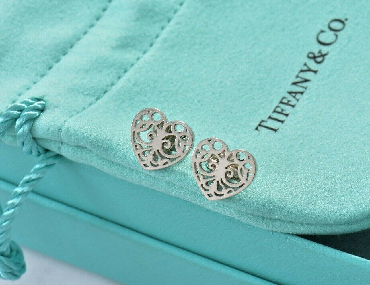 Tiffany & Co Sterling Silver Enchant Scroll Heart Earrings and Pouch Stud Lovely