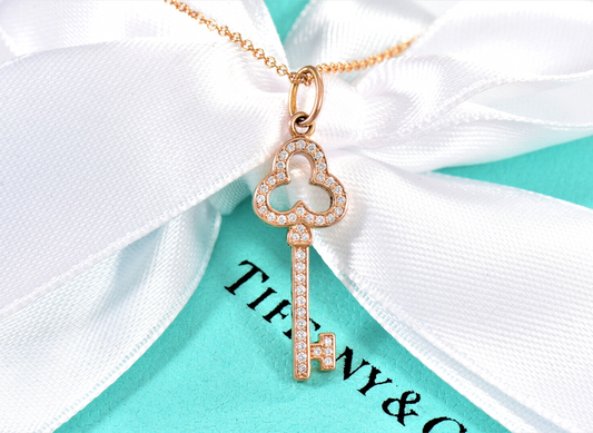 Tiffany & Co Diamond 18K Rose Gold Open Trefoil Key Pendant 16" Necklace in Box