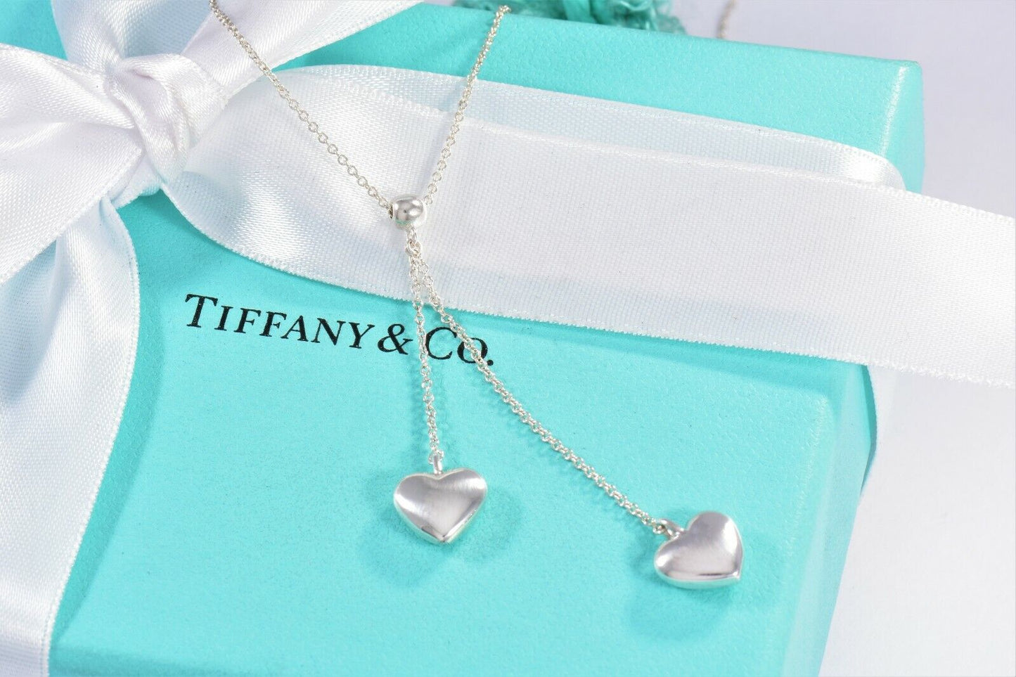 Tiffany & Co Silver Double Puff Heart Bead Two Pendant Necklace & Pouch Dangle