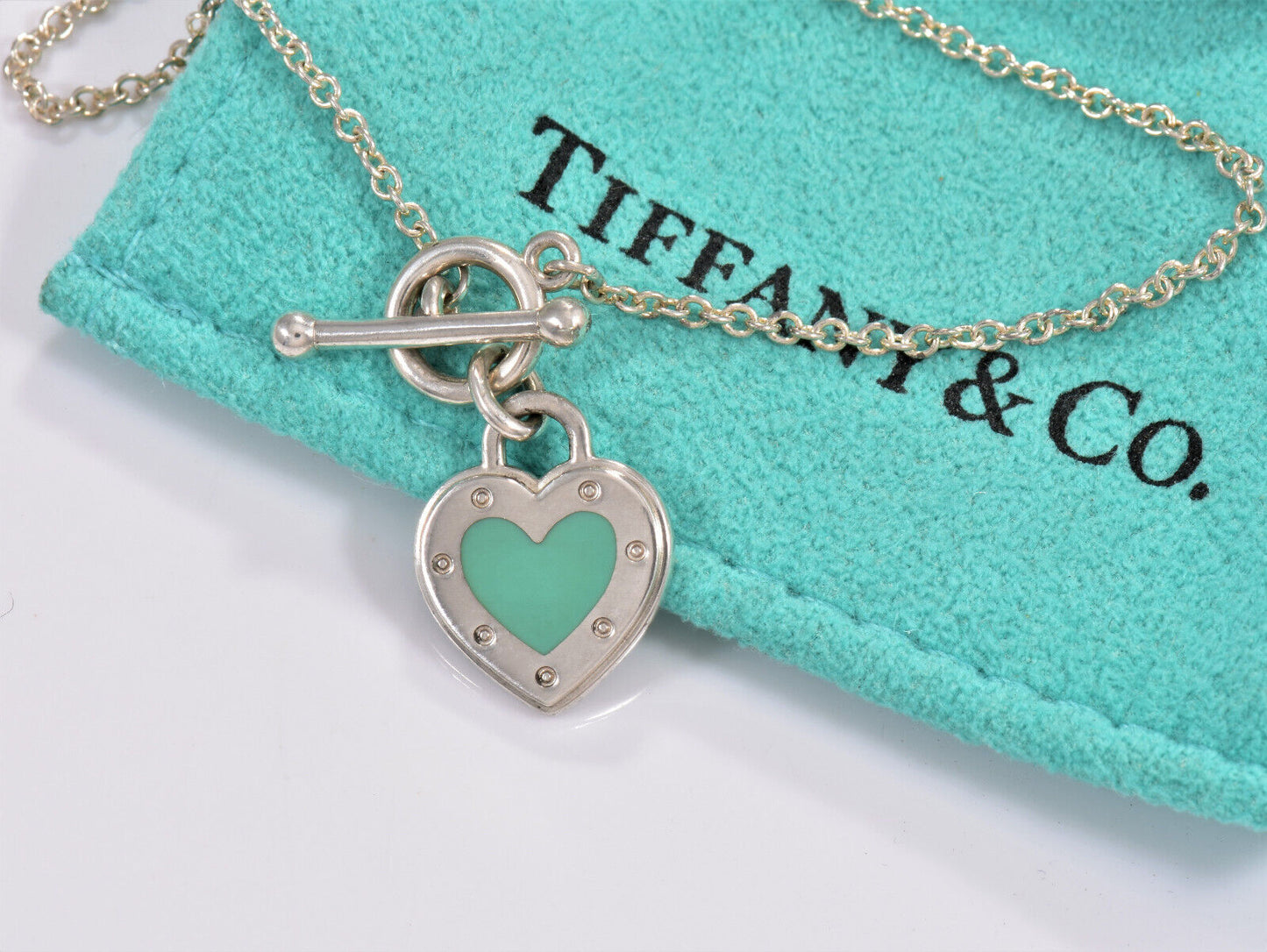 Return To Tiffany & Co Silver Blue Enamel Heart Charm Toggle 6.25" Bracelet Rare