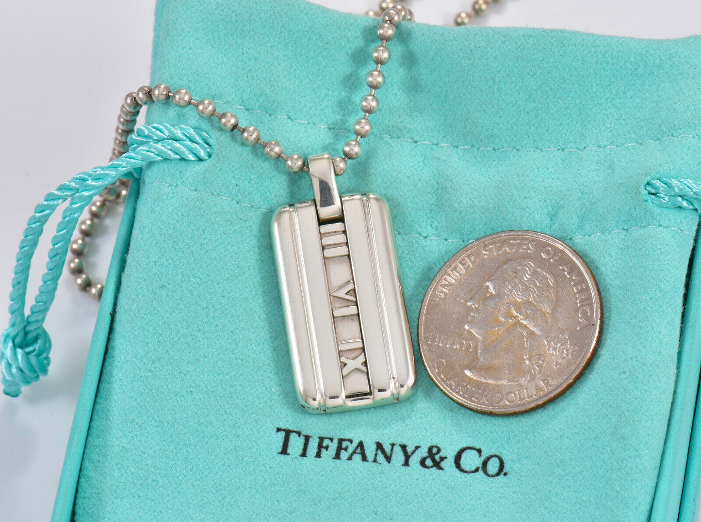 Tiffany & Co Silver Atlas DogTag Pendant 20.25" Bead Chain Necklace in Pouch Men