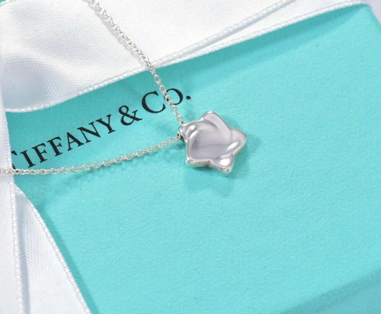 Tiffany & Co Silver Elsa Peretti Small Star Pendant 16" Chain Necklace in Pouch