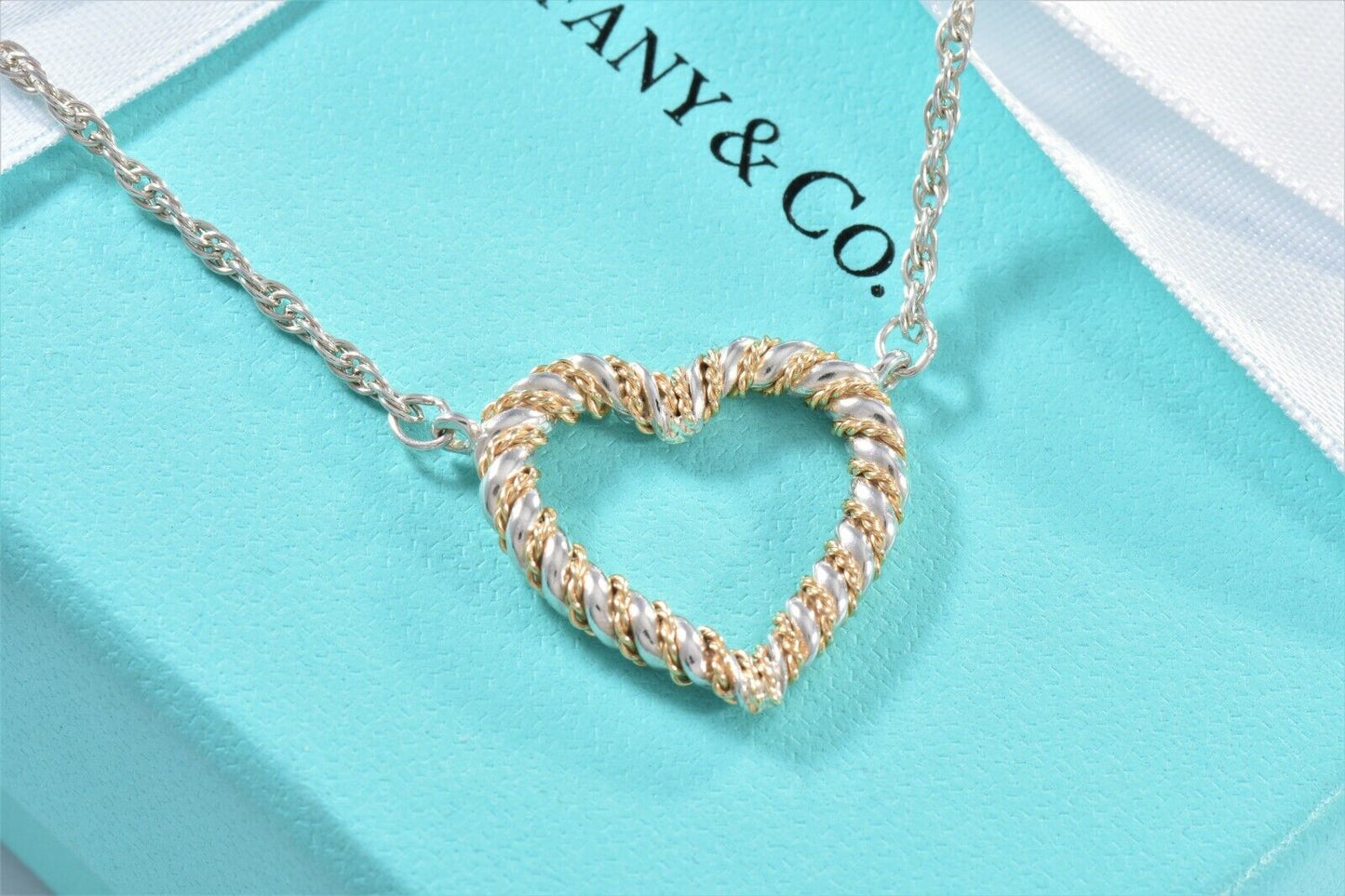 Vintage Tiffany & Co Silver Gold Heart Rope 19" Necklace in Pouch Rare Twist