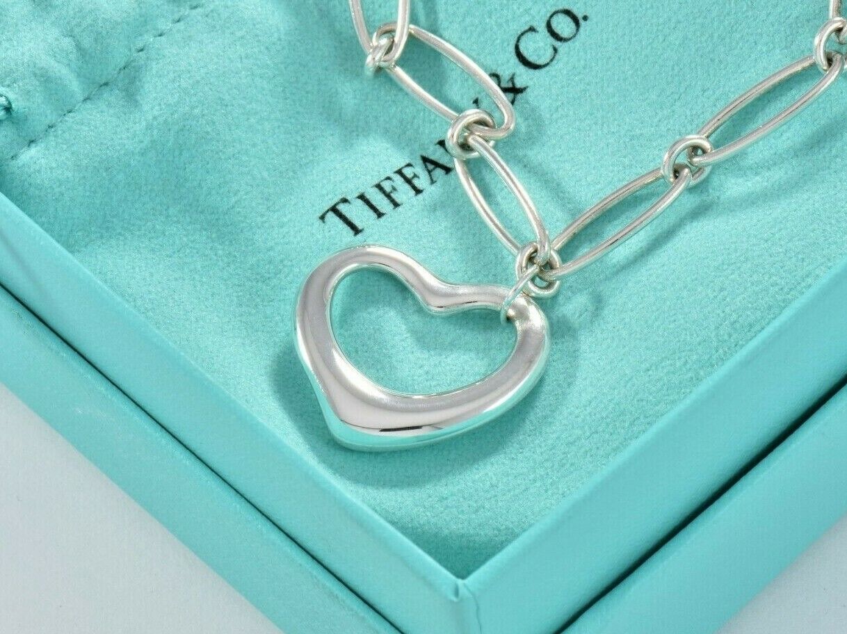 Tiffany & Co Elsa Peretti Silver Open Heart Oval Linked Chain 6" Bracelet Pouch