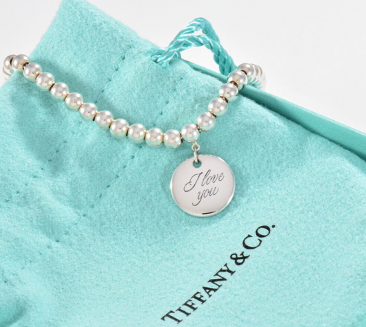 7" Tiffany & Co Silver I Love You Round Tag Bead Chain Bracelet in Pouch Rare