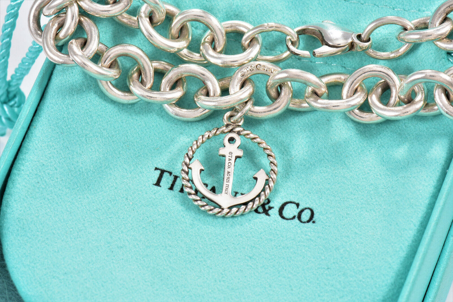 Tiffany & Co Sterling Silver Anchor Charm 8" Chain Link Bracelet in Pouch Rare