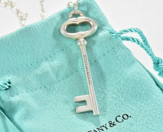 Tiffany & Co Silver Large 2" Oval Key Charm Pendant 18.5" Chain Necklace Pouch