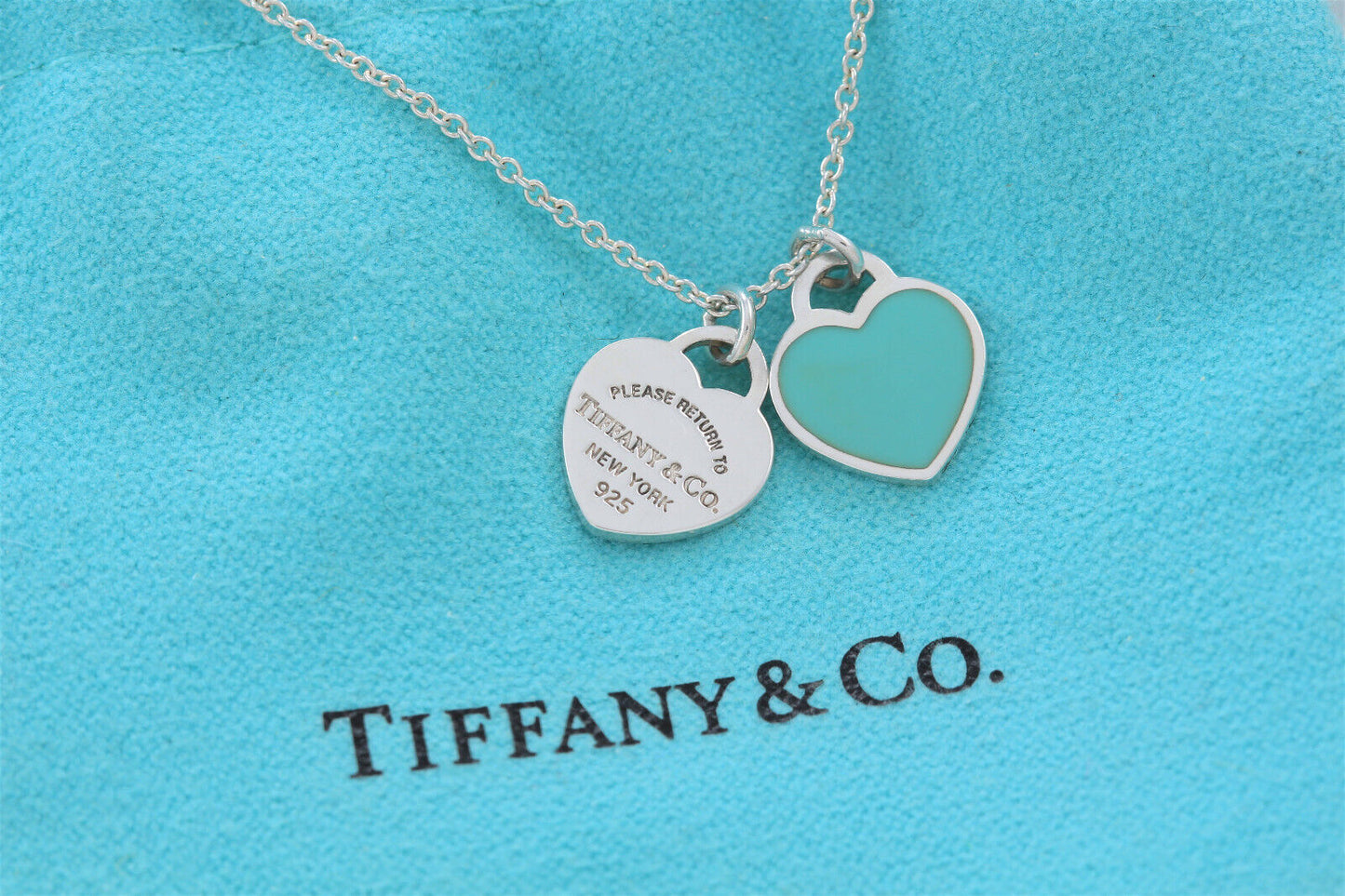 Please Return Tiffany & Co Silver Mini Double Heart Blue Enamel 16" Necklace Box