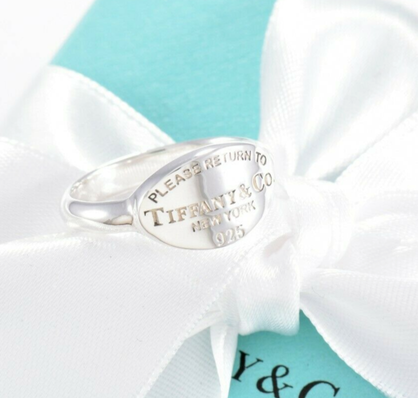 Kids Size 3.5 Please Return To Tiffany & Co Silver Oval Signet Band Ring & Pouch