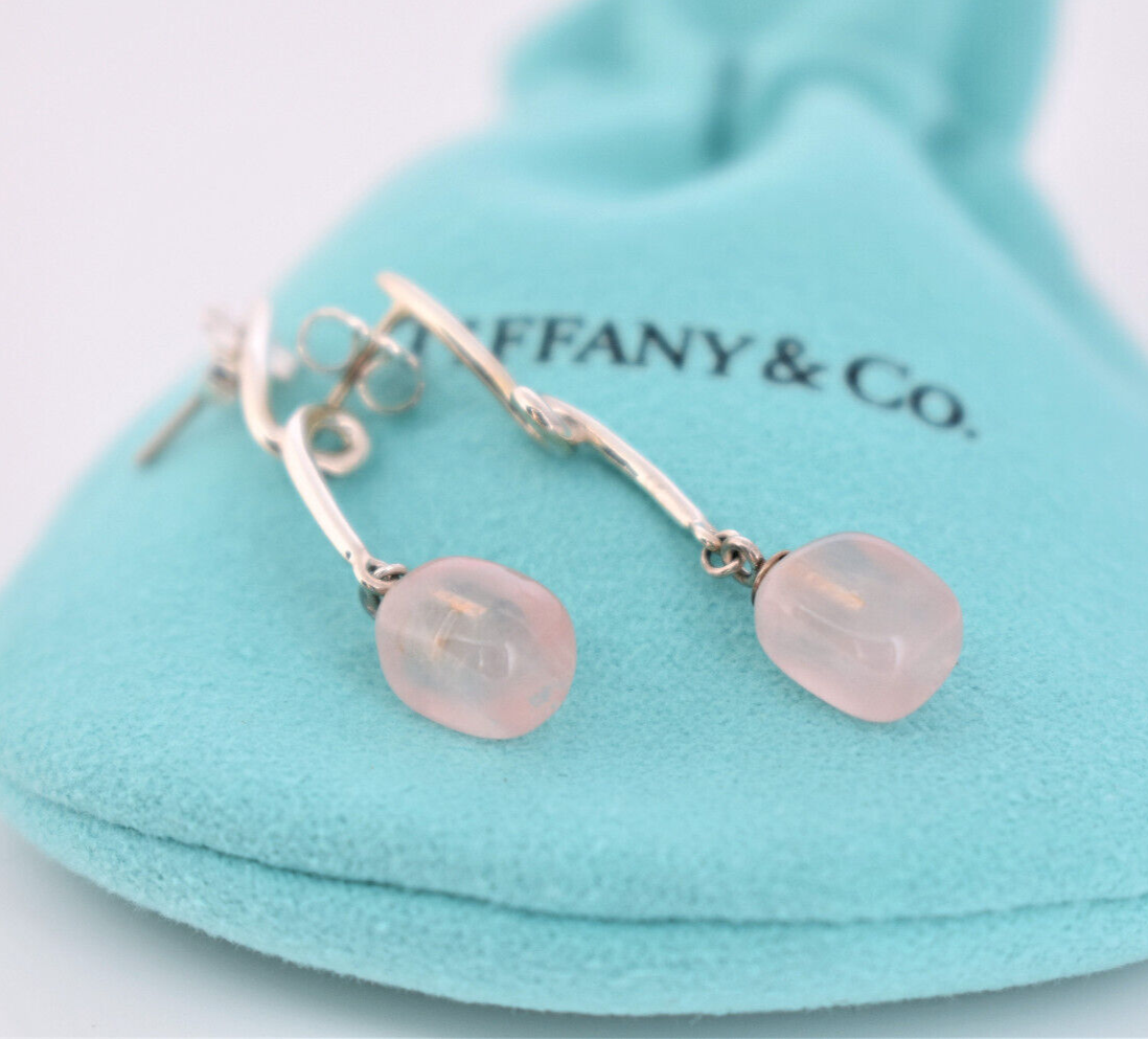 Tiffany & Co Silver Rose Quartz Gemstone Twist Dangling Earrings in Pouch Dangle