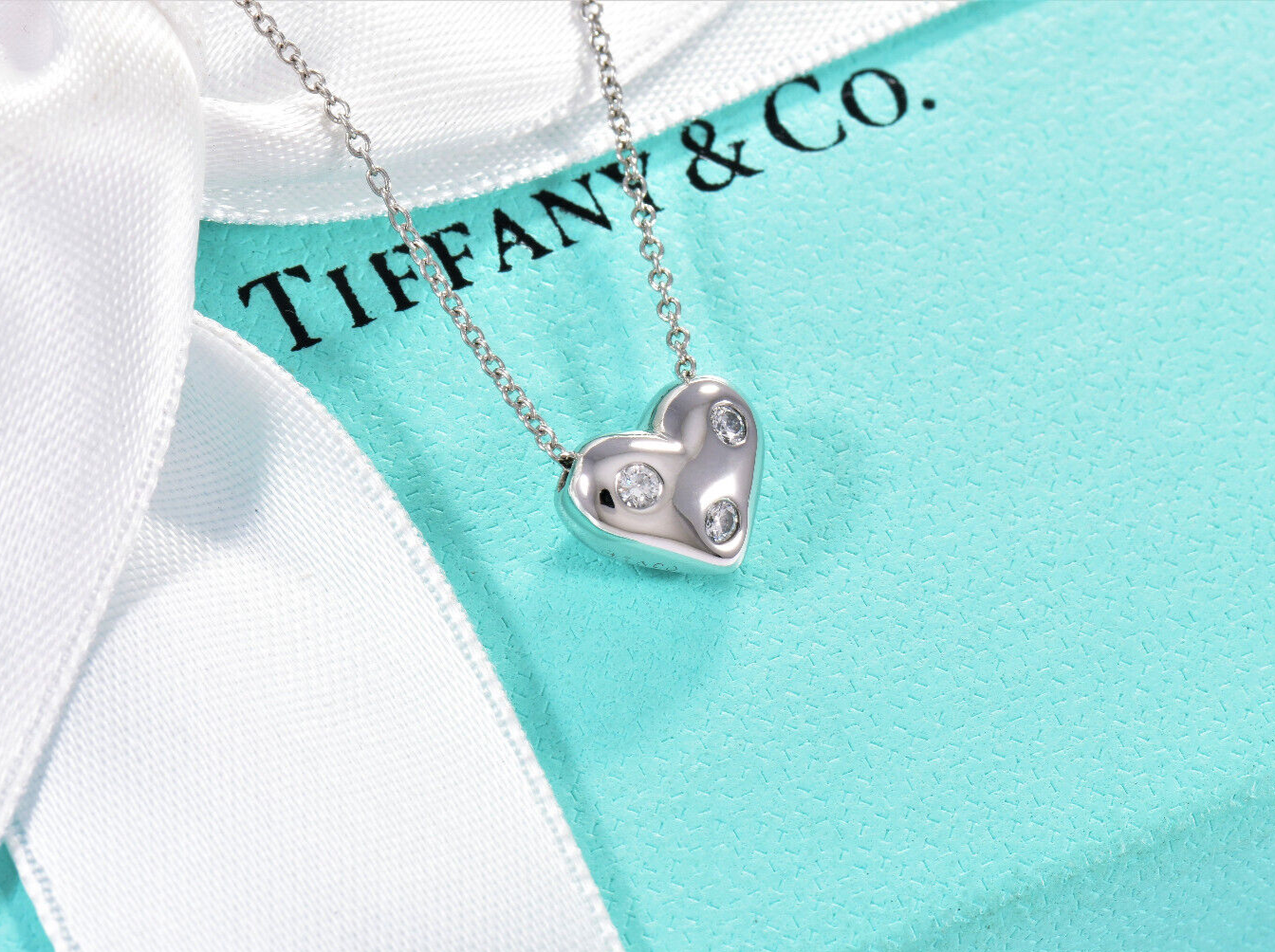 Tiffany & Co Diamond Platinum Etoile Heart Pendant 17" Necklace & Box Pouch Rare