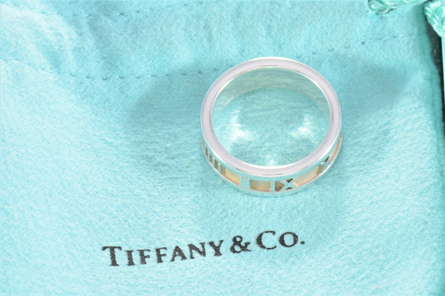 Vintage Tiffany & Co Silver 6mm Atlas Roman Numerals Band Ring Size 5 in Pouch