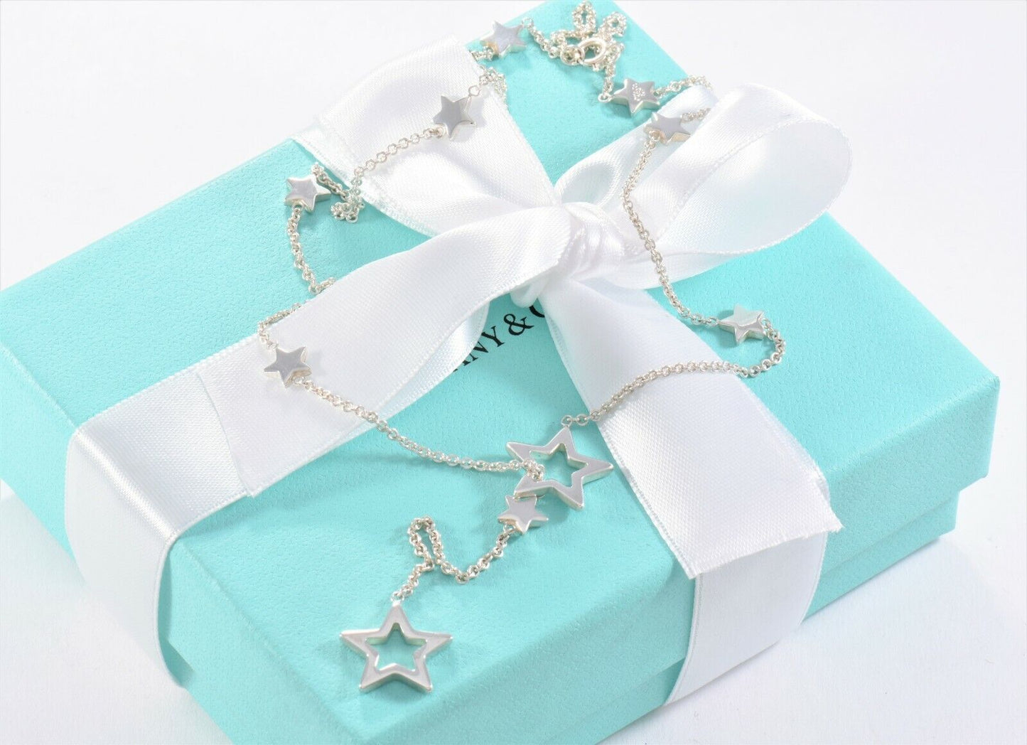 Tiffany & Co Silver Star Link Lariat Pendant Adjustable Necklace and Box Pouch