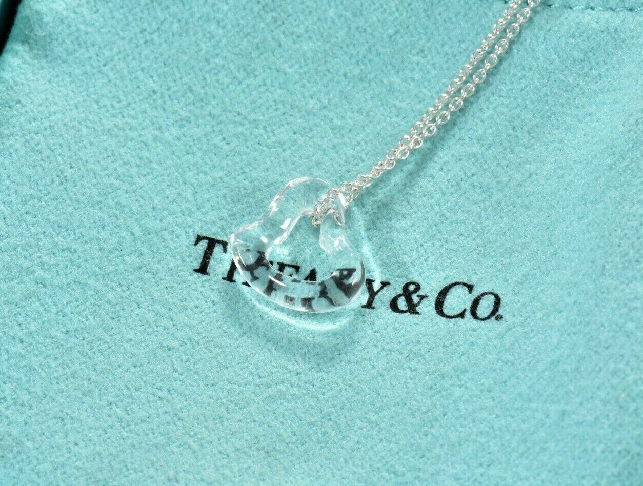 Tiffany & Co Silver Elsa Peretti Crystal Open Heart Pendant 16" Necklace & Pouch