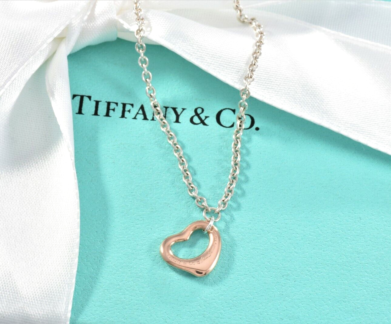 Tiffany & Co Rose Gold Silver Elsa Peretti Mini Open Heart 7.5" Bracelet & Pouch