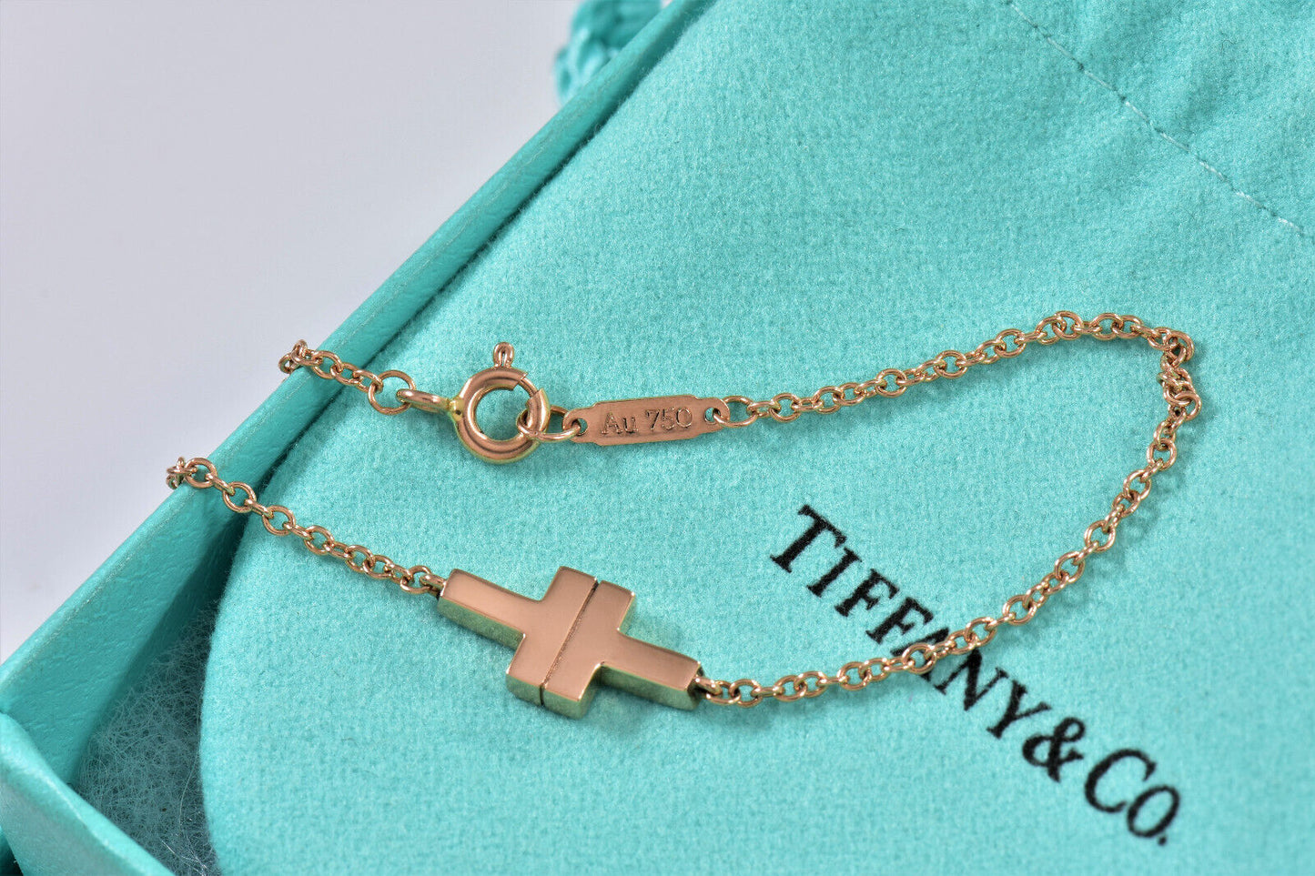 Tiffany & Co 18K Rose Gold T Square Single Chain 6.5" Bracelet in Box Rare Love