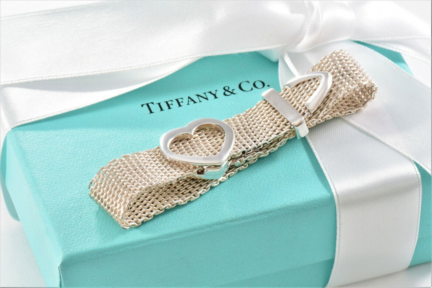 Tiffany & Co Silver Somerset Heart Mesh Belt Buckle 8.5" Bracelet & Pouch Rare