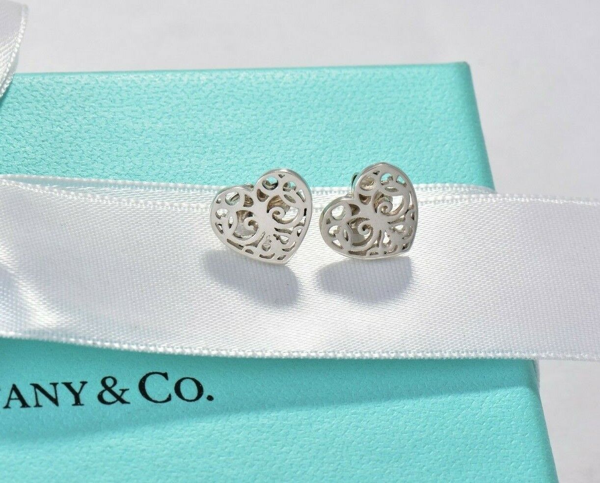 Tiffany & Co Sterling Silver Enchant Scroll Heart Earrings and Pouch Stud Lovely