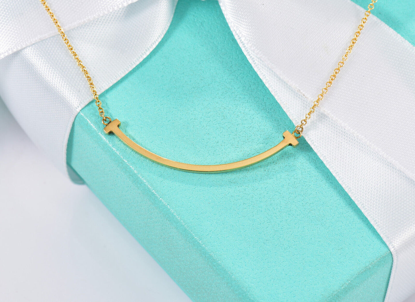 Tiffany & Co 18K Yellow Gold Small T Smile Pendant Necklace 16-18.4" & Box Pouch