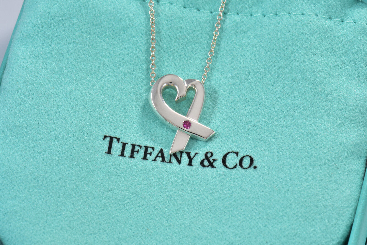 Tiffany & Co Silver Pink Sapphire Paloma Picasso Loving Heart Pendant Necklace