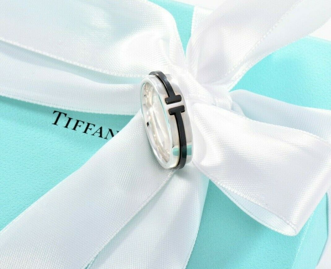 Tiffany & Co Silver Titanium T Square 6mm Wide Band Ring Size 6 and Pouch Rare