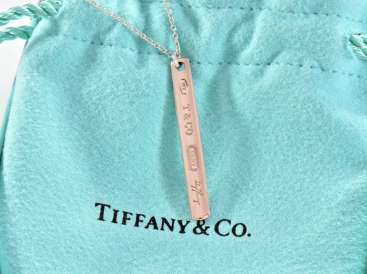 Tiffany & Co Rubedo Gold Sterling Silver 1837 Thin Bar Pendant Necklace in Pouch