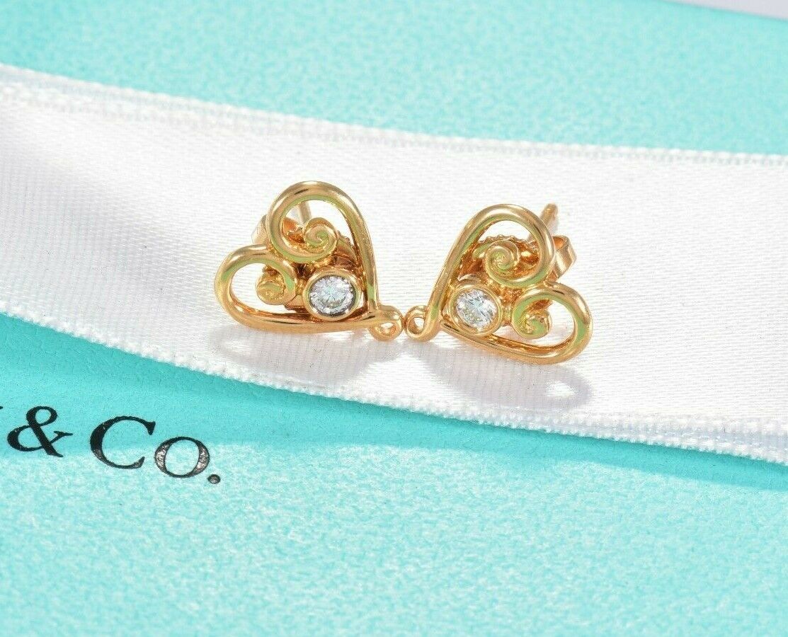 Tiffany & Co Diamond 18K Yellow Gold Picasso Venezia Goldoni Heart Earrings Box