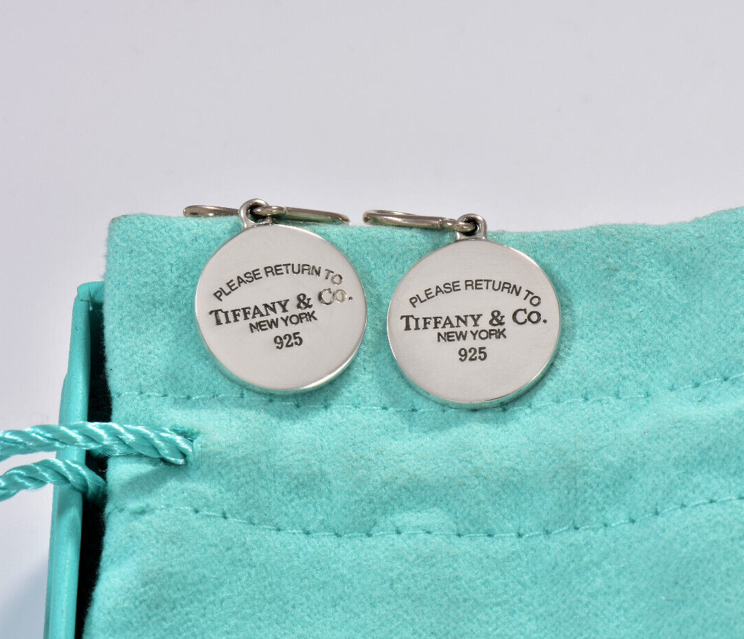 Please Return To Tiffany & Co Silver Round Disk Circle Hook Earrings & Box Pouch