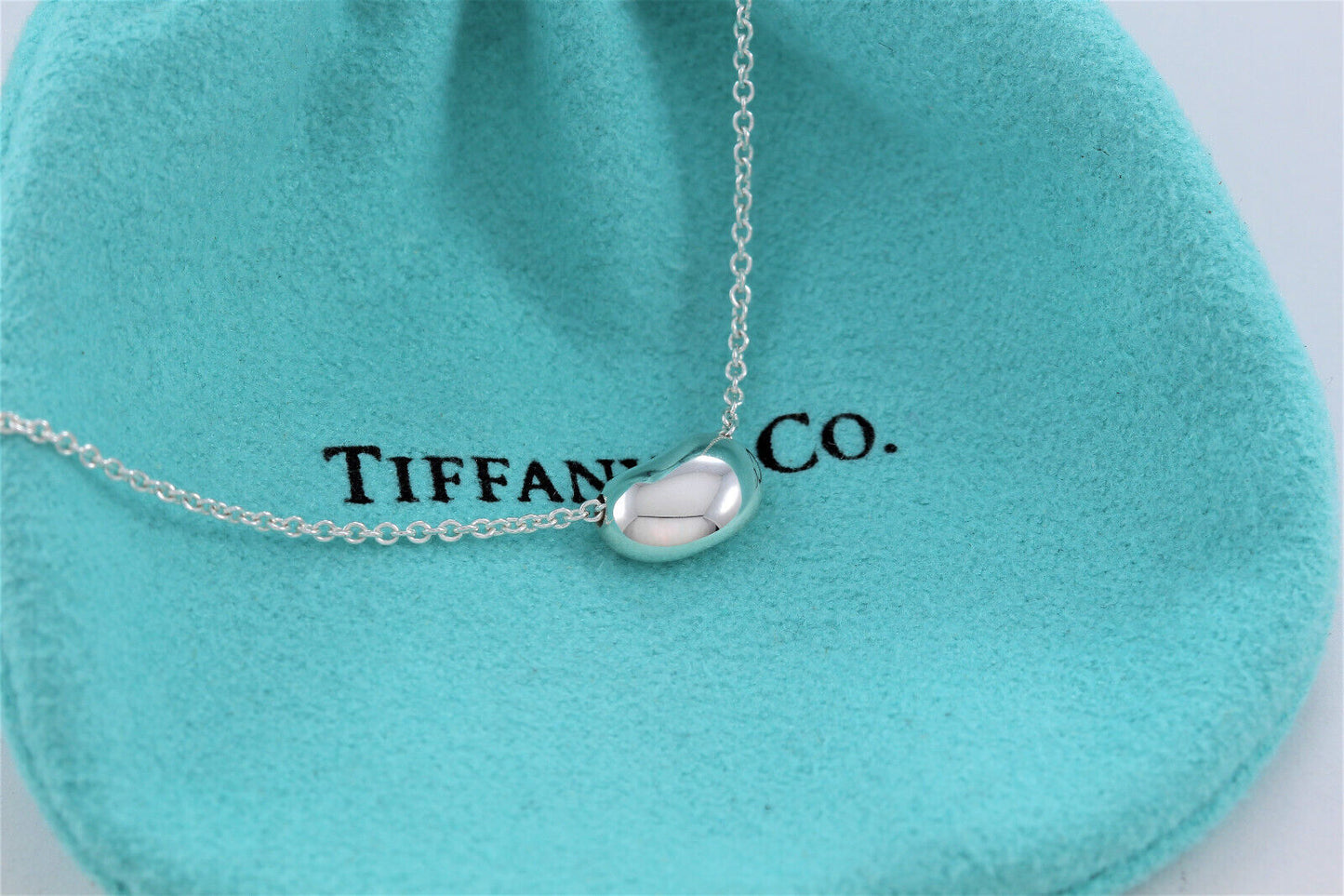 Tiffany & Co Silver Elsa Peretti 9mm Bean Pendant 16" Necklace in Pouch