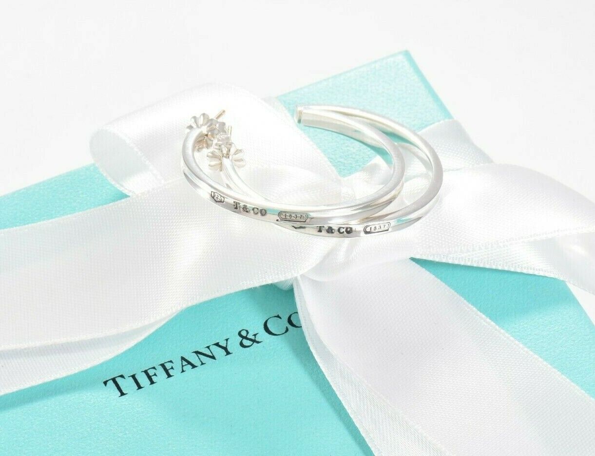 Tiffany & Co Sterling Silver 1837 34mm Large Narrow Hoop Earrings Boxed 3mm Rare