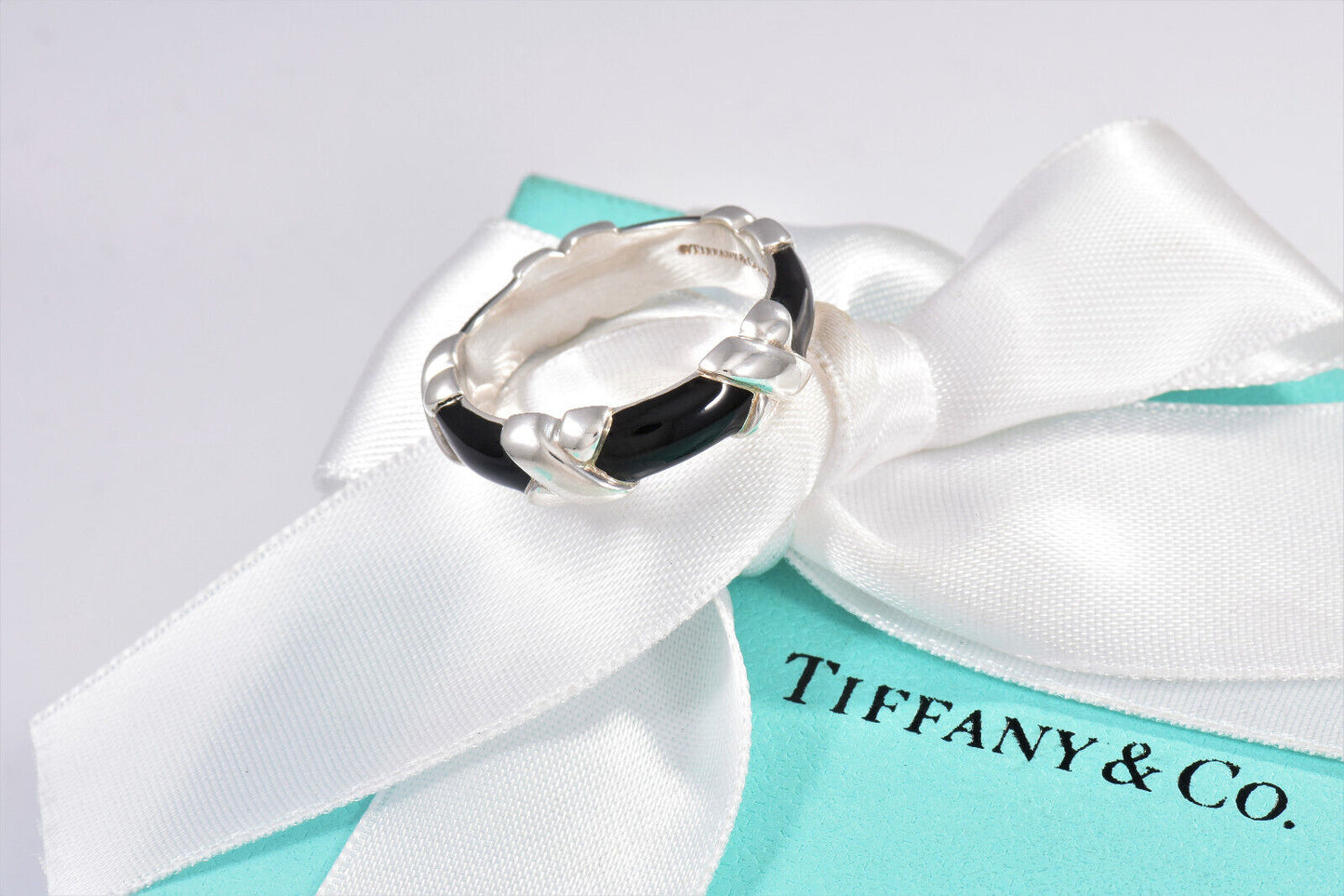 Tiffany & Co Silver Black Enamel Signature X Stack 6mm Ring Size 9.5 Pouch Rare