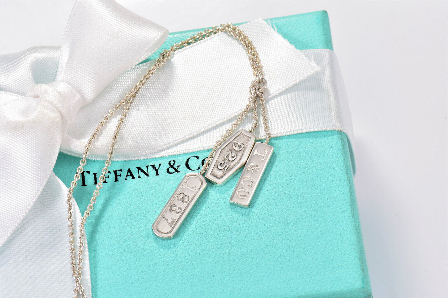 Tiffany & Co Silver 1837 Logo Elements Three Bar Pendant Modern Drop Necklace