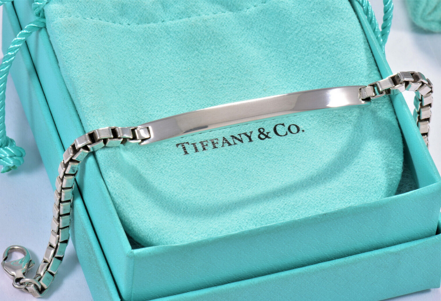 Tiffany & Co Sterling Silver Venetian Box Link ID Bar Bracelet 7.95" Mens Pouch