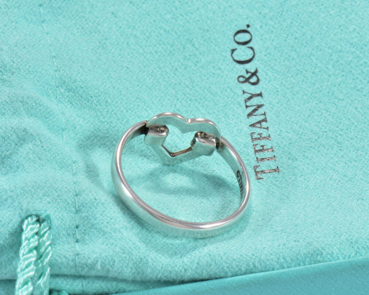 Tiffany & Co Silver Metro Open Heart Hook Ring Size 6 in Pouch Rare Signet