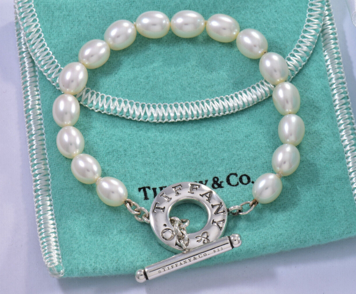 Tiffany & Co Silver Pearl 8mm Bead Toggle Bracelet 7.5" Large in Box Pouch Rare