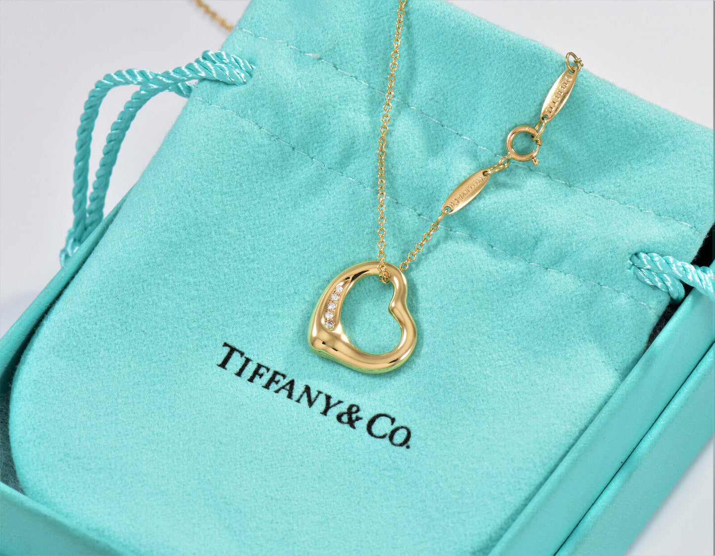 Tiffany & Co Diamond 18K Gold Elsa Peretti Open Heart Pendant 19.25" Necklace