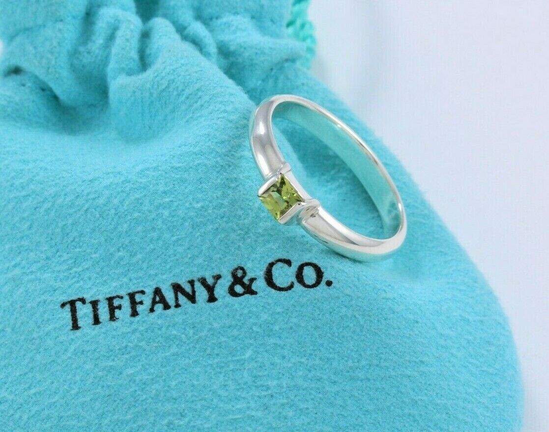 Tiffany & Co Sterling Silver Green Peridot Square Stack Band Ring Size 5 Boxed